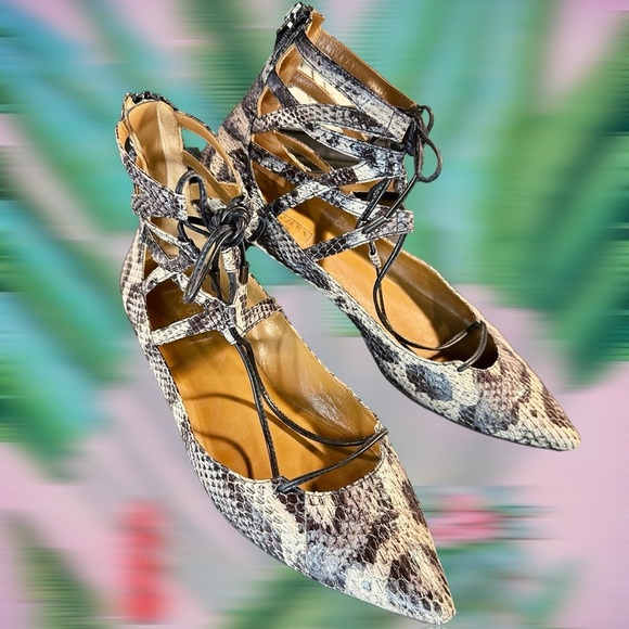 Aquazzura ‘Belgravia’ Two-Tone Snakeskin Ankle-Tie Flats Size 9 ASO Meghan - Picture 14 of 16